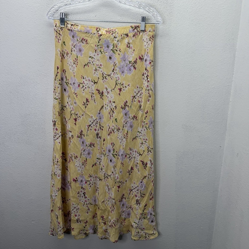 Vintage Cottagecore Maxi Skirt SZ M Yellow Floral Shift Y2K 90s Cherry Blossom